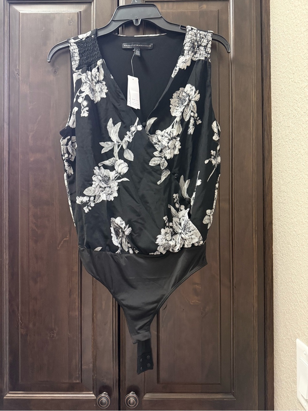 White Black Market Black Floral Surplice Smocked Shoulder Bodysuit